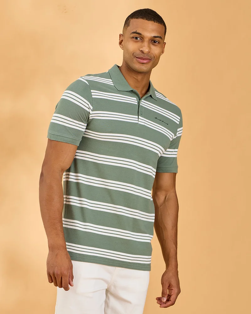 Redtag Men Green and White And Striped Polo Shirt