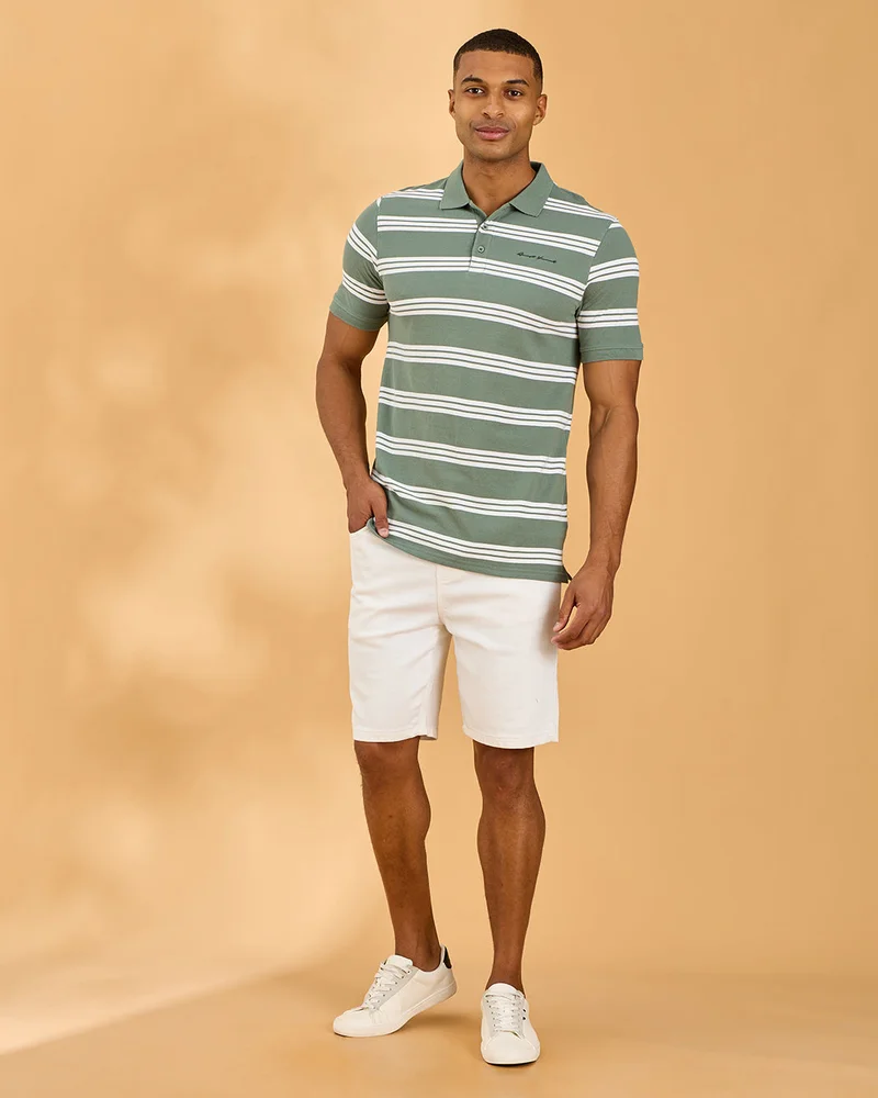 Redtag Men Green and White And Striped Polo Shirt