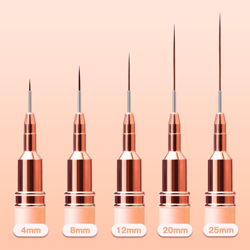 Komall Metallic Nail Art Brushes, 5Pcs Liner Brush Set, UV Gel Polish Painting Art Design Pen for Long Lines, Thin Details, Fine Drawing Sizes 4/8/12/20/25mm(Champagne Gold) - Image 5