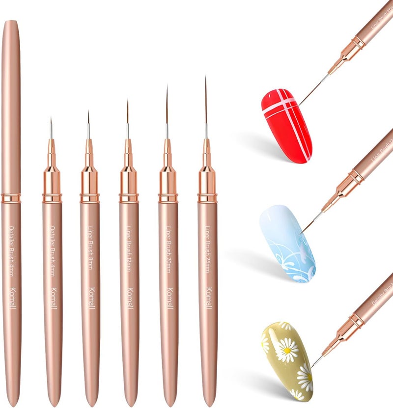 Komall Metallic Nail Art Brushes, 5Pcs Liner Brush Set, UV Gel Polish Painting Art Design Pen for Long Lines, Thin Details, Fine Drawing Sizes 4/8/12/20/25mm(Champagne Gold) - Image 2
