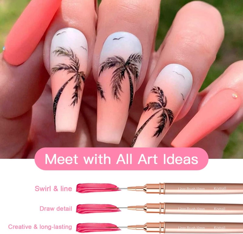 Komall Metallic Nail Art Brushes, 5Pcs Liner Brush Set, UV Gel Polish Painting Art Design Pen for Long Lines, Thin Details, Fine Drawing Sizes 4/8/12/20/25mm(Champagne Gold) - Image 3