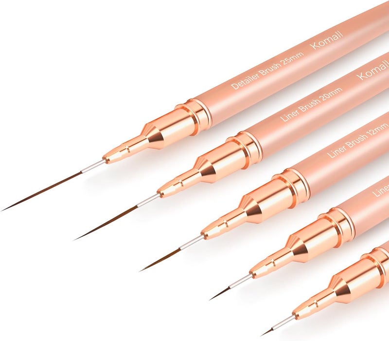 Komall Metallic Nail Art Brushes, 5Pcs Liner Brush Set, UV Gel Polish Painting Art Design Pen for Long Lines, Thin Details, Fine Drawing Sizes 4/8/12/20/25mm(Champagne Gold) - Image 1