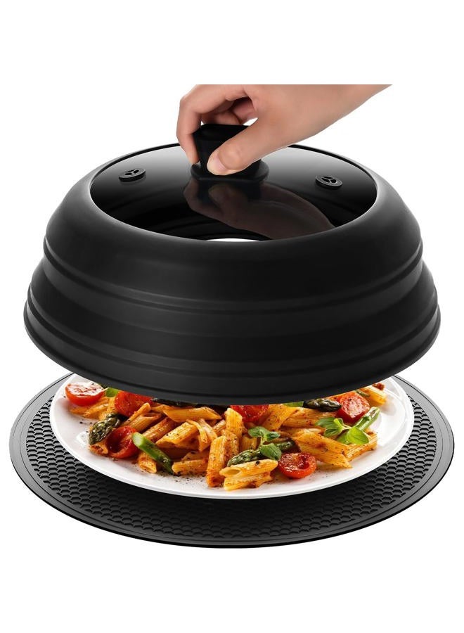 Microwave Splatter Cover & Silicone Mat, 10.8 inch Glass Splatter Guard Lid with Collapsible Silicone for Food, Fits 6-10 inch Pot Plate Bowl, Heat Resistant, Dishwasher Safe, Kitchen, Black