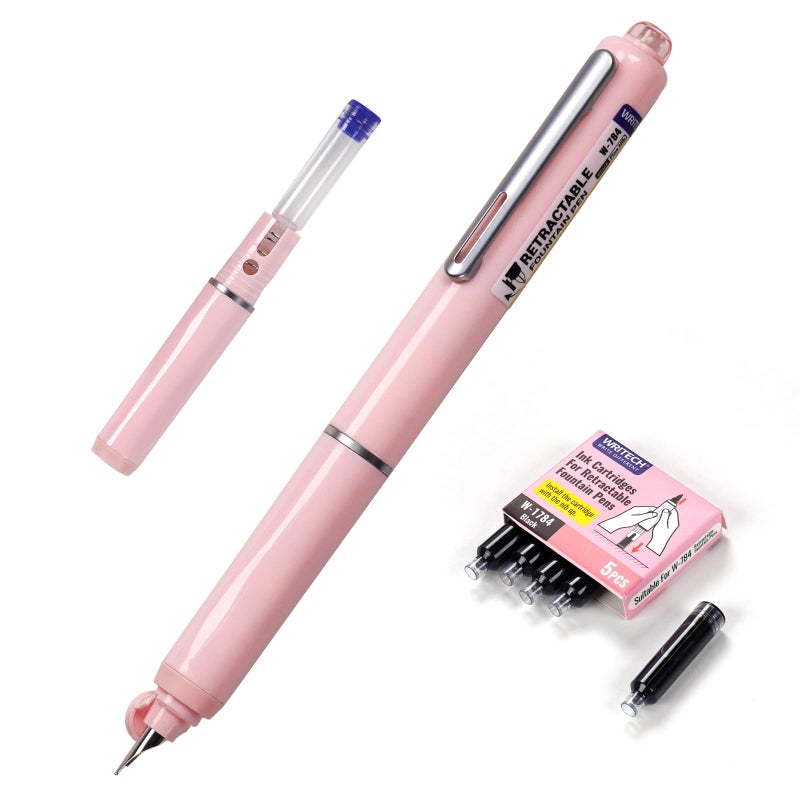 WRITECH Retractable Fountain Pen Set: Black Ink Fine Nib, 5 Refillable Ink Cartridges Included, No Leaking Smooth Writing for Calligraphy Journaling Gift (Pink) - Image 1