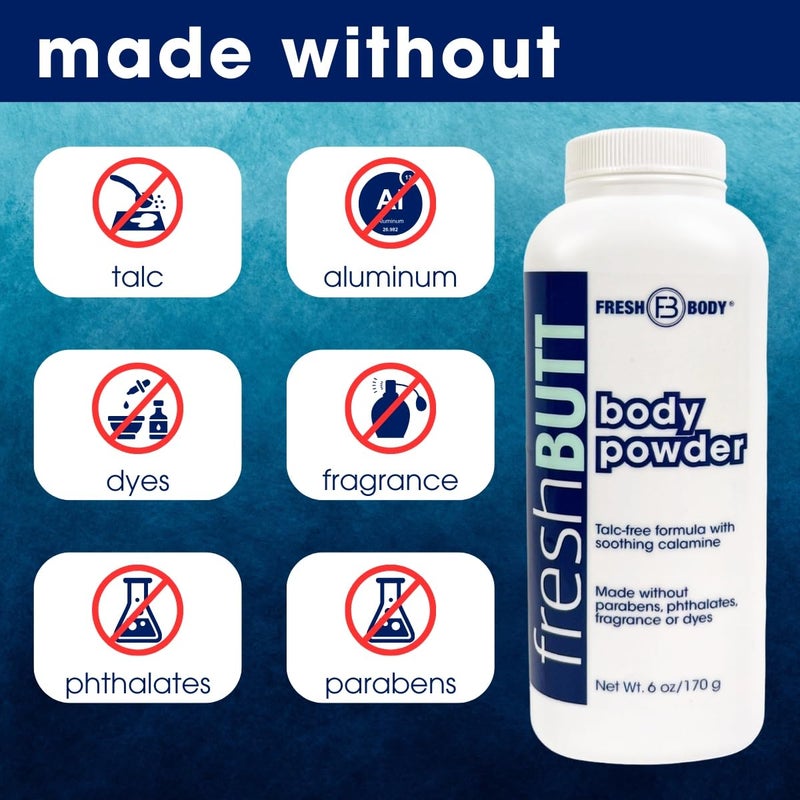 Fresh Body FB Fresh Butt Body Powder for Women & Men - Anti-Chafing, Anti-Itch, Odor & Sweat Absorbing + Calamine - Friction Fighting, Talc-Free, Unscented, 6oz - Image 5