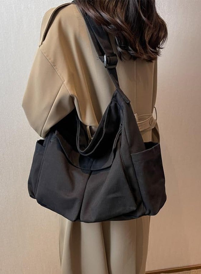 Lauthen.S Grunge Bag Canvas Hobo Crossbody Shoulder Tote Bag for Women and Men Large Messenger Bag with Multiple Pockets Black - Image 2