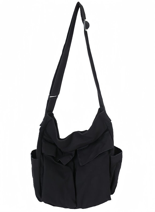 Lauthen.S Grunge Bag Canvas Hobo Crossbody Shoulder Tote Bag for Women and Men Large Messenger Bag with Multiple Pockets Black - Image 1
