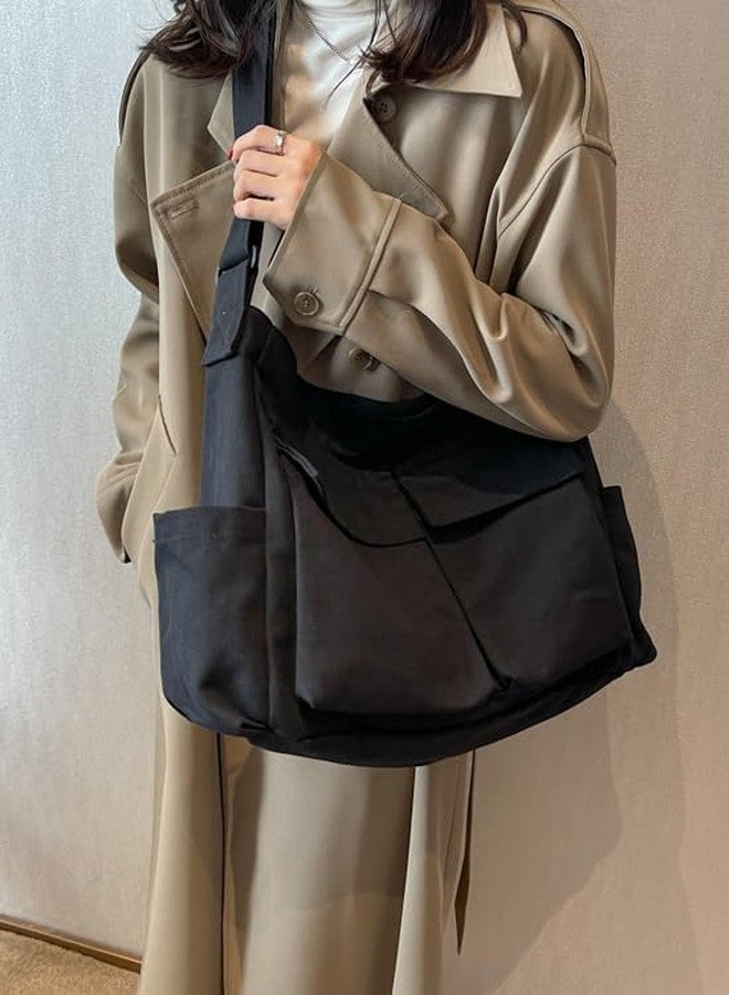 Lauthen.S Grunge Bag Canvas Hobo Crossbody Shoulder Tote Bag for Women and Men Large Messenger Bag with Multiple Pockets Black - Image 3