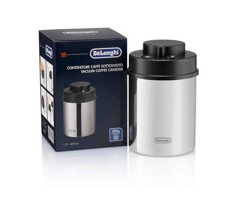 DeLonghi Coffee Canister Vacuum Sealed Food Storage Container with Airtight Lid Builtin Date Indicator Polished Stainless Steel Holds 1 LB 500 g DLSC063