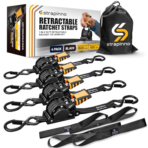 Strapinno Retractable Ratchet Straps (4-Pack), 1 in x 10 ft, 1,500LBS Break Strength, Most Durable Straps and Core, Auto Self Retracting Tie Downs for Truck, Moving, Motorcycle, Bike, Jetski, Kayak - Image 1