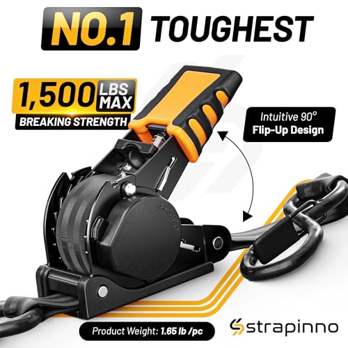 Strapinno Retractable Ratchet Straps (4-Pack), 1 in x 10 ft, 1,500LBS Break Strength, Most Durable Straps and Core, Auto Self Retracting Tie Downs for Truck, Moving, Motorcycle, Bike, Jetski, Kayak - Image 2