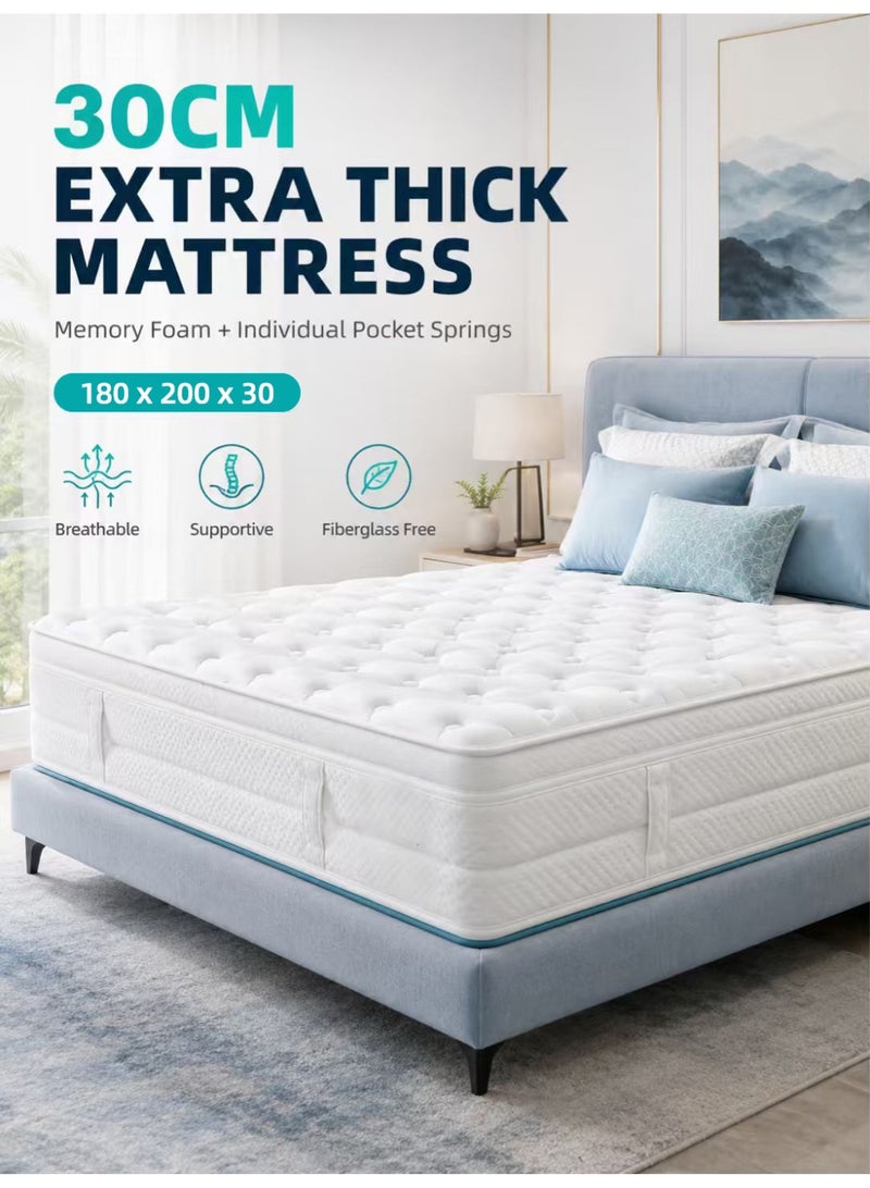 VINNYSEN 180*200*30CM Medium Firm Feel Memory Foam and Individual Pocket Springs Fiberglass Free Bed Matress Breathable - Image 1