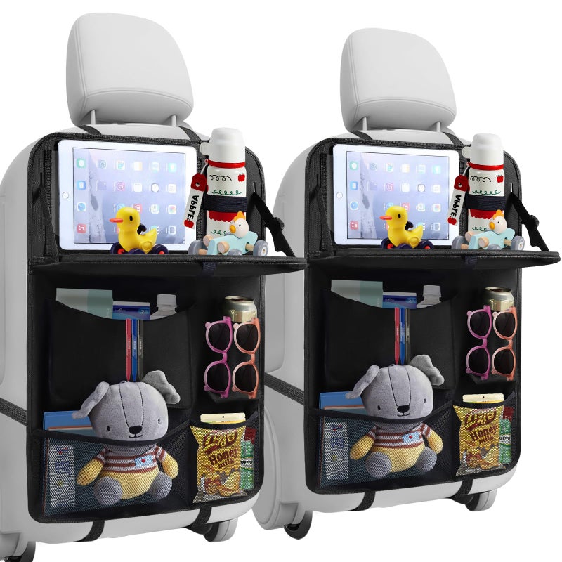 TCJJ Car Seat Organiser Car Back Seat Kick Protector Mats With Food Tray Touch Screen Tablet Holder Storage Pockets Storage Sunglass Holder Organizer Waterproof Cars Seats Organizer for Kids, Black/2 Pack - Image 1