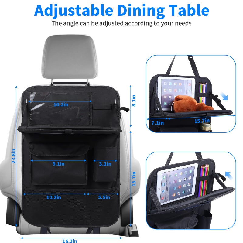 TCJJ Car Seat Organiser Car Back Seat Kick Protector Mats With Food Tray Touch Screen Tablet Holder Storage Pockets Storage Sunglass Holder Organizer Waterproof Cars Seats Organizer for Kids, Black/2 Pack - Image 2