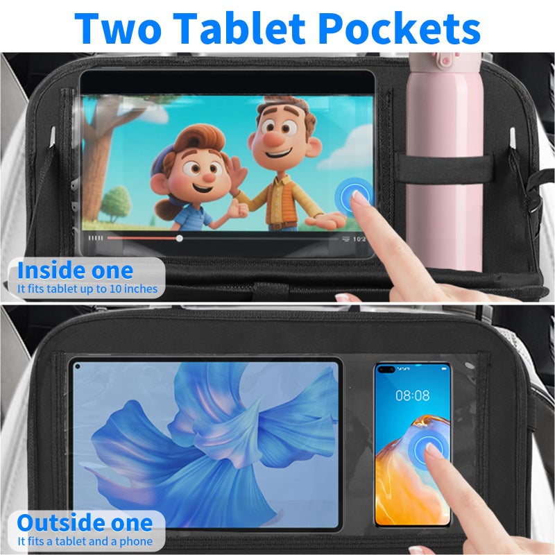 TCJJ Car Seat Organiser Car Back Seat Kick Protector Mats With Food Tray Touch Screen Tablet Holder Storage Pockets Storage Sunglass Holder Organizer Waterproof Cars Seats Organizer for Kids, Black/2 Pack - Image 3