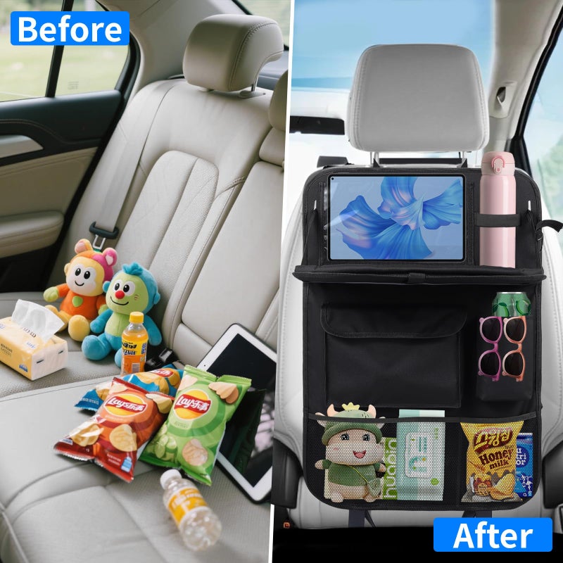 TCJJ Car Seat Organiser Car Back Seat Kick Protector Mats With Food Tray Touch Screen Tablet Holder Storage Pockets Storage Sunglass Holder Organizer Waterproof Cars Seats Organizer for Kids, Black/2 Pack - Image 5
