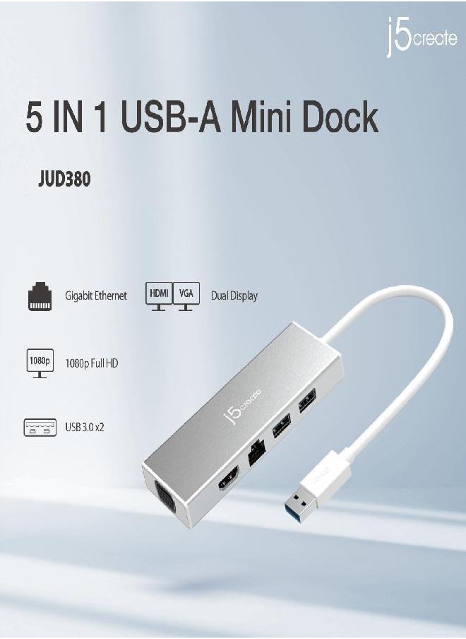 j5create - j5create USB 3.0 Hub with HDMI, VGA, RJ45 Gigabit Ethernet, 2 USB 3.1 Type-A Ports - High Speed Data Transfer Adapter for Mac, Windows, Desktop PC - Supports Up to 2K Resolution (JUD380) - Image 1