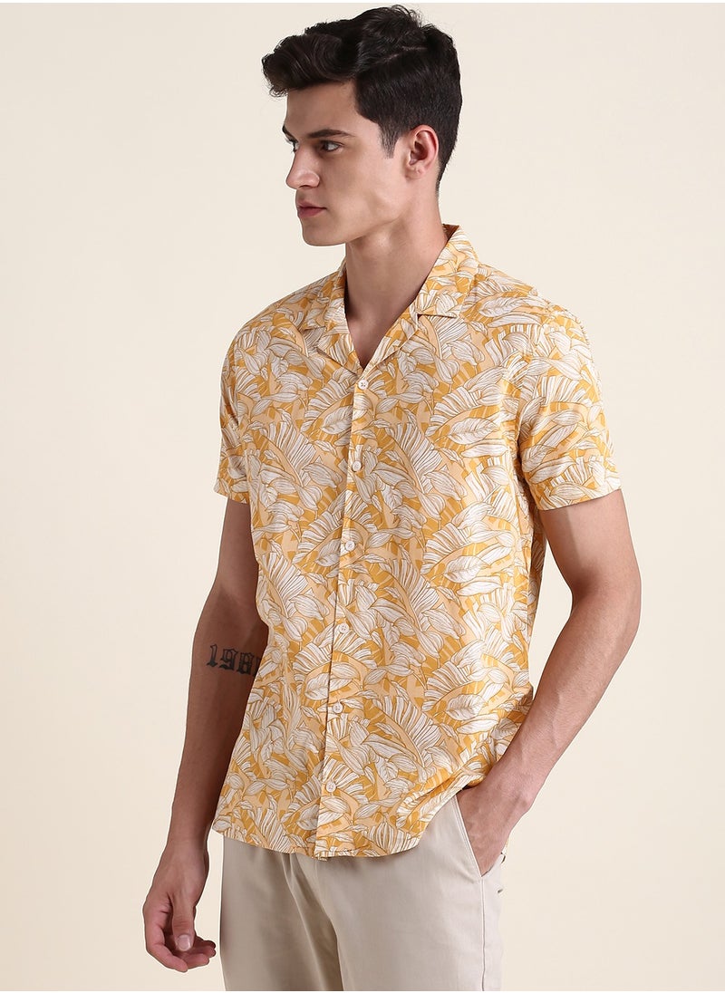 Dennis Lingo Yellow Slim Fit 100% Cotton Printed Shirt for Men - Cuban Collar, Half Sleeves, Casual,  - Image 1