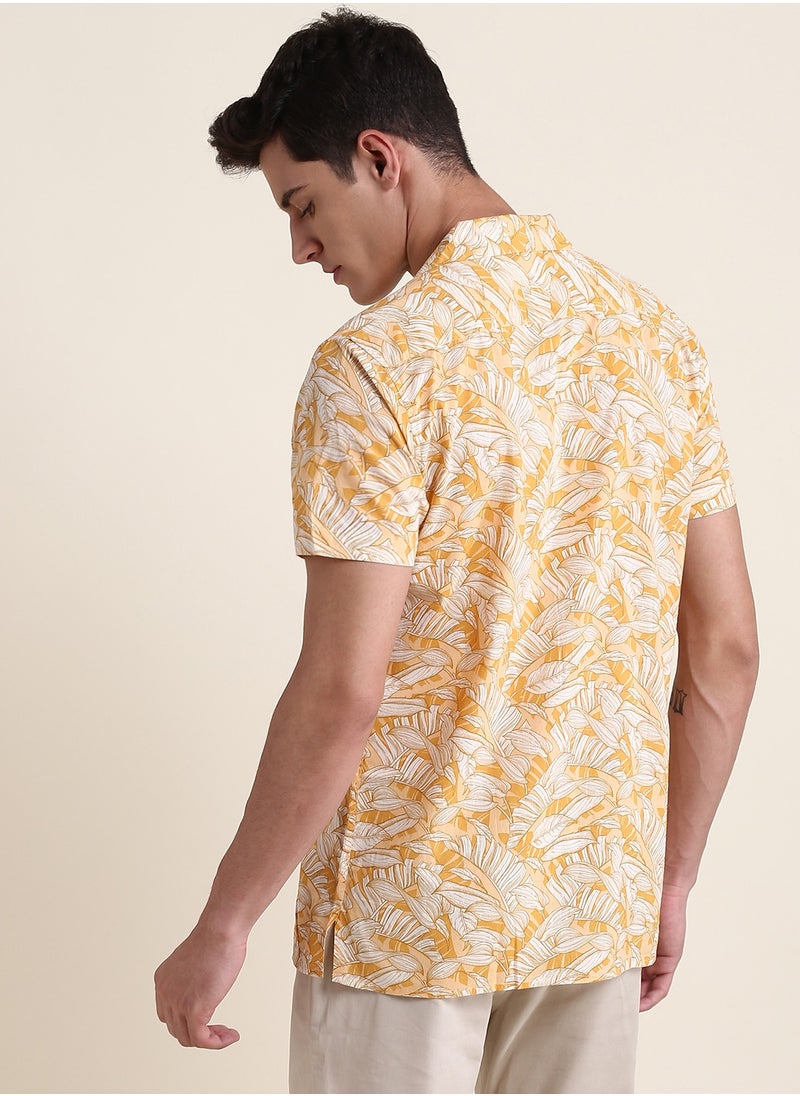 Dennis Lingo Yellow Slim Fit 100% Cotton Printed Shirt for Men - Cuban Collar, Half Sleeves, Casual,  - Image 2