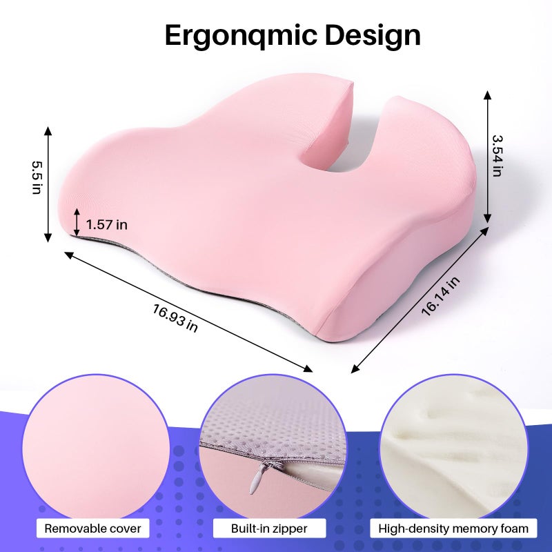 DAPOTUGI Seat Cushion for Office Chair, Large Thick Seat Cushion for Tailbone Pain Relief, Sciatica & Back Support, Memory Foam Office Chair Cushion for Long Sitting, Coccyx Cushion for Car, Wheelchair (Pink) - Image 2