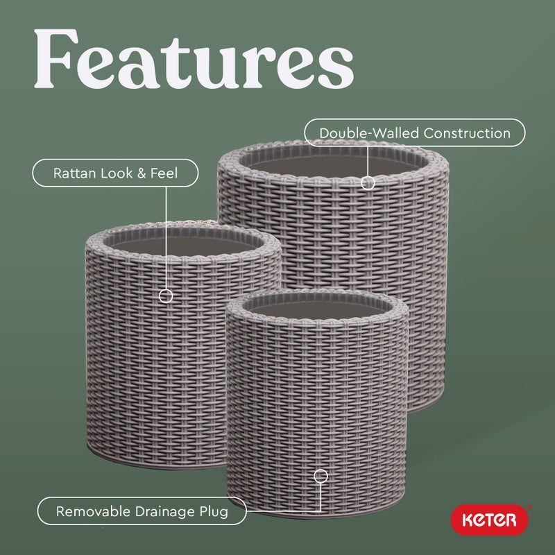 Keter Cylinder Set of 3 Rattan Resin Planter for Indoor and Outdoor Plants Ideal Decorative Planter for Porches and Patio Decor, Taupe - Image 3
