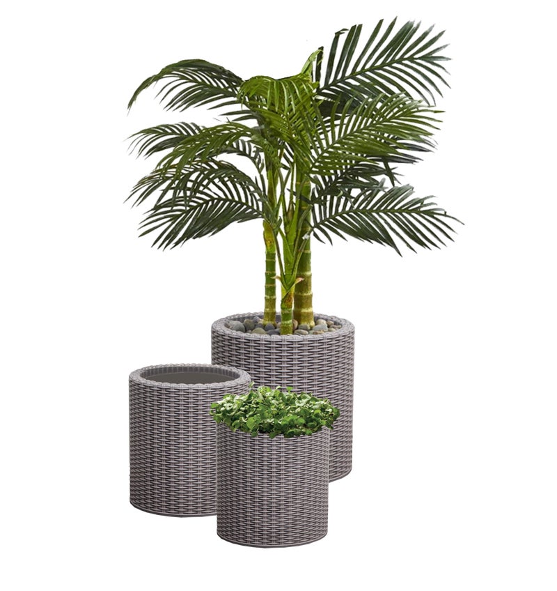 Keter Cylinder Set of 3 Rattan Resin Planter for Indoor and Outdoor Plants Ideal Decorative Planter for Porches and Patio Decor, Taupe - Image 1