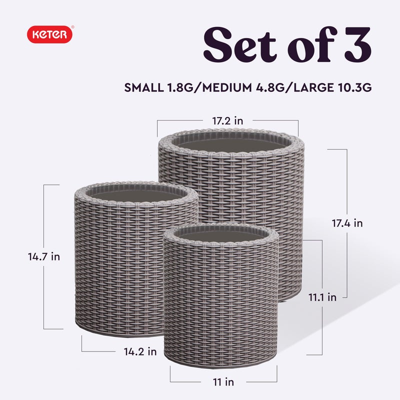 Keter Cylinder Set of 3 Rattan Resin Planter for Indoor and Outdoor Plants Ideal Decorative Planter for Porches and Patio Decor, Taupe - Image 2