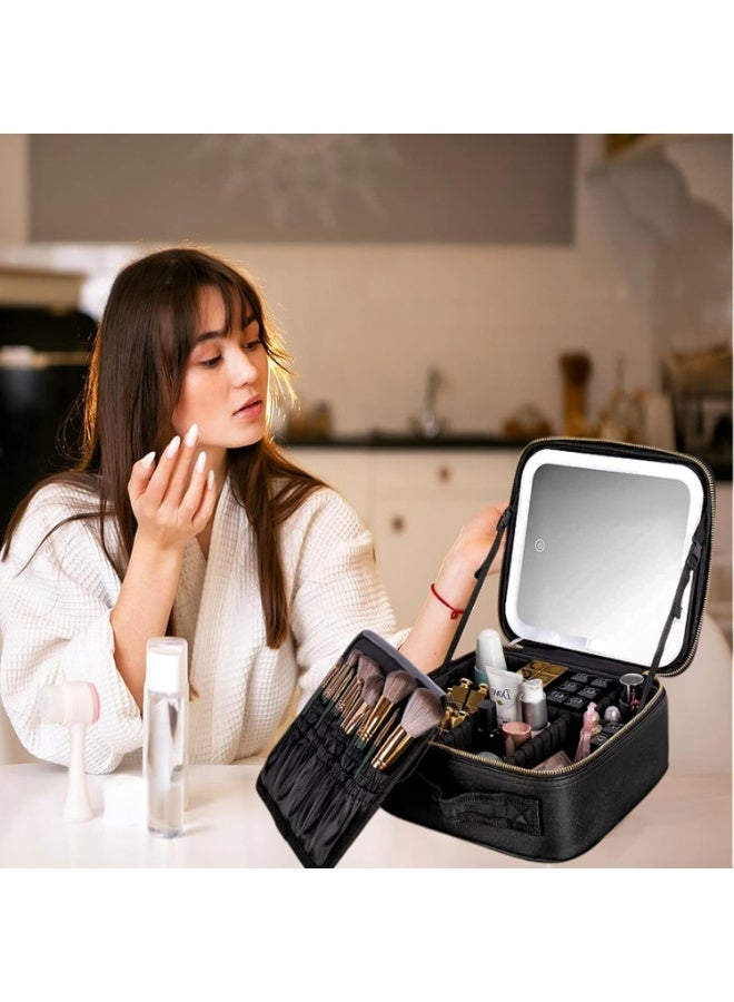 حقيبة سفر مكياج مزودة بمرآة وإضاءة LED بثلاثة مستويات سطوع قابلة للتعديل، حقيبة مستحضرات تجميل كبيرة 25×25 سم، حقيبة تخزين محمولة، قسم قابل للتعديل، مقاومة للماء، فرش مكياج، مجوهرات مكياج، هدية للنساء - Image 2