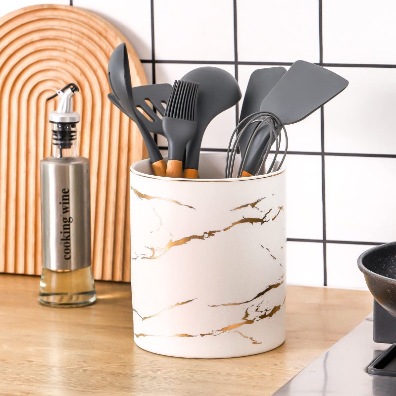 Howise 7" Marble Utensil Holder, Large Kitchen Utensil Holder Organizer , Golden Marble White Stable Utensil Crock Spatula Holder for Kitchen Counter Countertop Farmhouse Cooking Tools Holder - Image 2