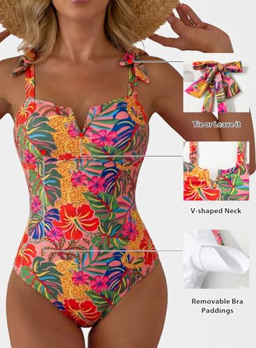 Aleumdr 2026 Trendy Tummy Control One Piece Swimsuit Swimming Suit for Women Print Floral Athletic Bathing Suits V Neck Adjustable Straps Swimwear Red Printed Medium - Image 5