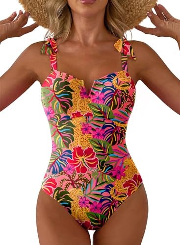Aleumdr 2026 Trendy Tummy Control One Piece Swimsuit Swimming Suit for Women Print Floral Athletic Bathing Suits V Neck Adjustable Straps Swimwear Red Printed Medium - Image 1