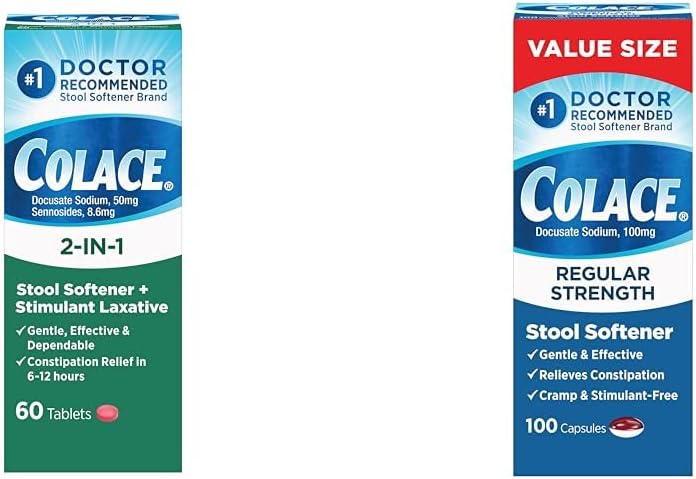 كولاس 2 في 1 ملين للبراز مع ملين منبه لتخفيف الإمساك بشكل لطيف وفعال قوة منتظمة ملين للبراز 100 ملغ كبسولات 100 عدد ديوكوسات الصوديوم خالي من المنبهات