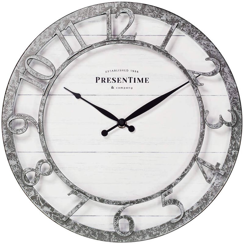 Presentime  Co 13 Farmhouse Series Wall Clock Quartz Movement Shiplap StyleRaised 3D Arabic Numeral Galvanized Finish