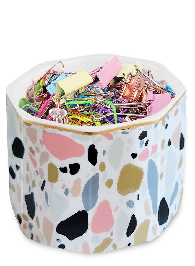 LEAZUL Ceramic Paper Clip Holder Gold Line Paper Clip Dispenser Organizer for Desk Cute Terrazzo Marble Pattern Office Binder Clip Holder Bobby Pin and Hair Clip Holder Gift for Office Pink - Image 1