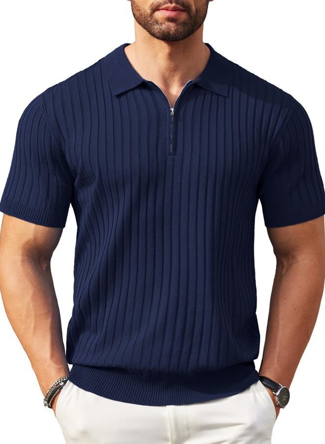 COOFANDY Men's Zipper Polo Shirts Short Sleeve Ribbed Knit Polo T Shirts Fashion Casual Golf Shirts, XL - Image 1