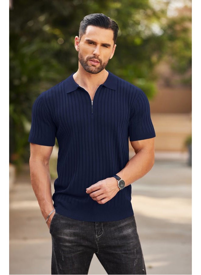 COOFANDY Men's Zipper Polo Shirts Short Sleeve Ribbed Knit Polo T Shirts Fashion Casual Golf Shirts, XL - Image 3
