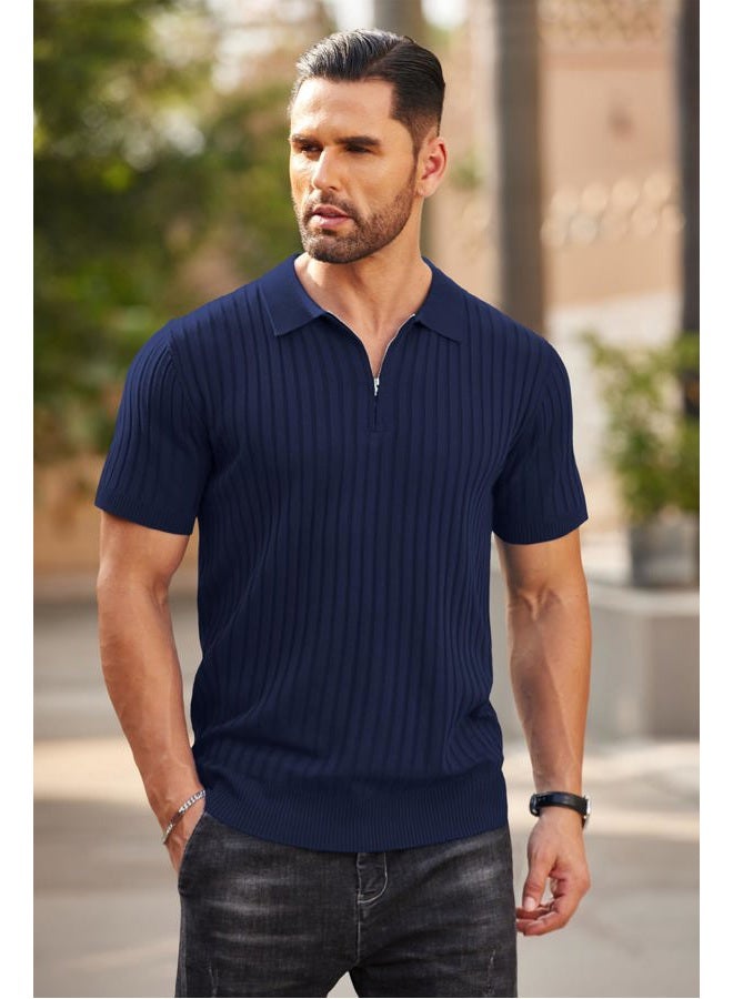 COOFANDY Men's Zipper Polo Shirts Short Sleeve Ribbed Knit Polo T Shirts Fashion Casual Golf Shirts, XL - Image 2