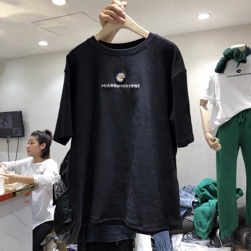Short-Sleeved T-Shirt for Women 2025 New Summer Loose Korean Style Small Chrysanthemum Embroidery Student Half-Sleeve Top Plus Size Women's Clothing - Image 4