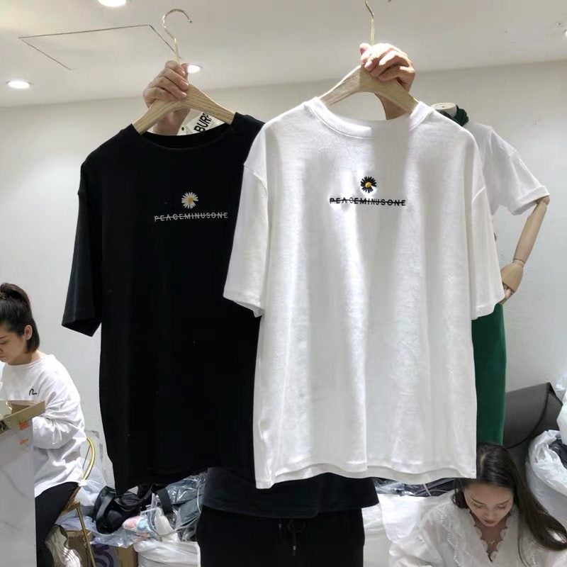Short-Sleeved T-Shirt for Women 2025 New Summer Loose Korean Style Small Chrysanthemum Embroidery Student Half-Sleeve Top Plus Size Women's Clothing - Image 3