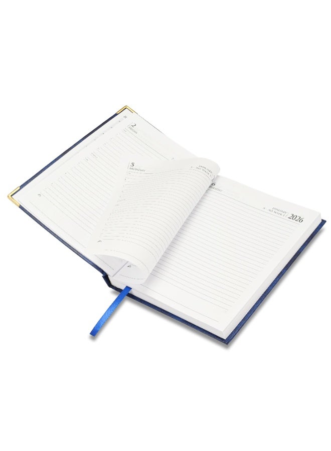 FIS مفكرة 2026، مفكرة بحجم A5 (148x210 مم)، غلاف صلب من مواد الفينيل، مبطنة من جهة واحدة، زوايا ذهبية، السبت والأحد مجتمعة، إنجليزي، ورق أبيض 60 جرام، لون أزرق - FSDI92E26BL - Image 4