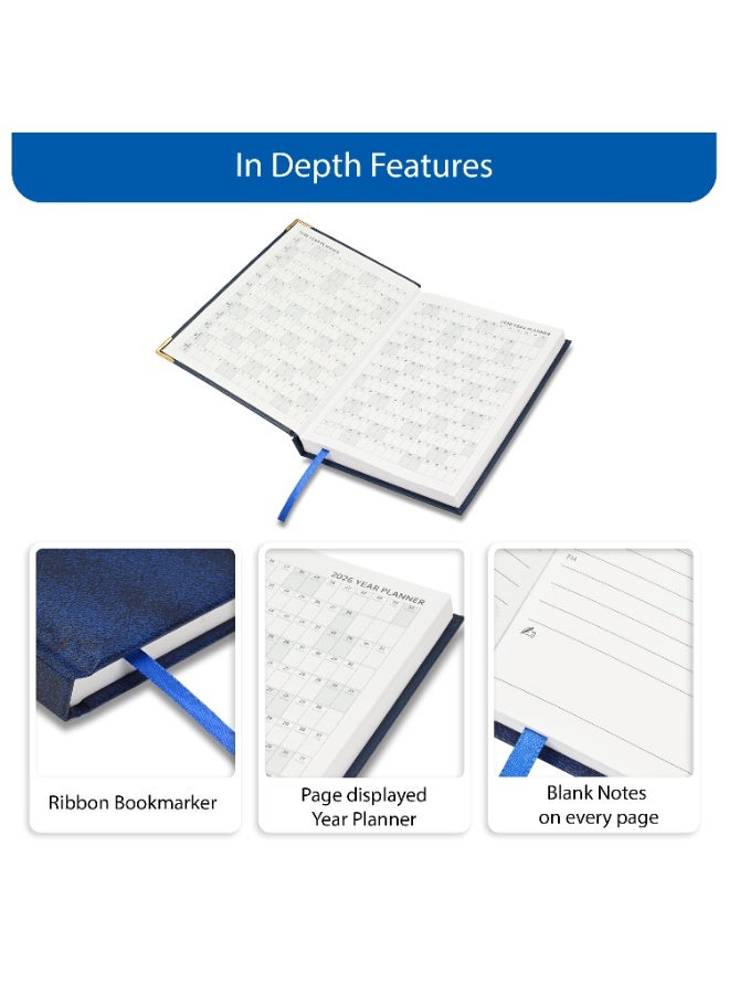 FIS مفكرة 2026، مفكرة بحجم A5 (148x210 مم)، غلاف صلب من مواد الفينيل، مبطنة من جهة واحدة، زوايا ذهبية، السبت والأحد مجتمعة، إنجليزي، ورق أبيض 60 جرام، لون أزرق - FSDI92E26BL - Image 5