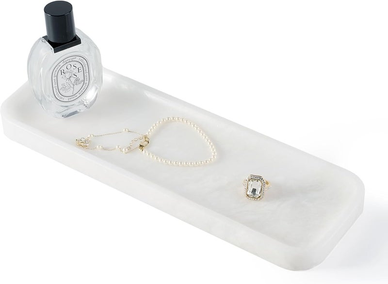 Koville Marble Tray for Bathroom Sink, 12"x4" Natural Stone Vanity Tray for Kitchen Dresser Countertop, Rectangular Decorative Marble Tray for Jewelry Perfume Trinket(White) - Image 1
