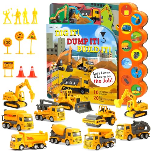 iGRATENS Construction Toys with Sound Books Dig It Dump It Build It Construction Board Book with 10 Buttons 20 PCS Toys for 3 Year Old Great for Little Alloy Truck Lovers Kids - Image 1