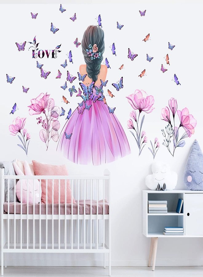 Amtoodopin Butterfly Girl Wall Stickers Flower Fairy Wall Decal Pink Floral Wallpaper Colorful Butterflies DIY Removable Vinyl Wall Art for Girls Baby Nursery Bedroom - Image 3