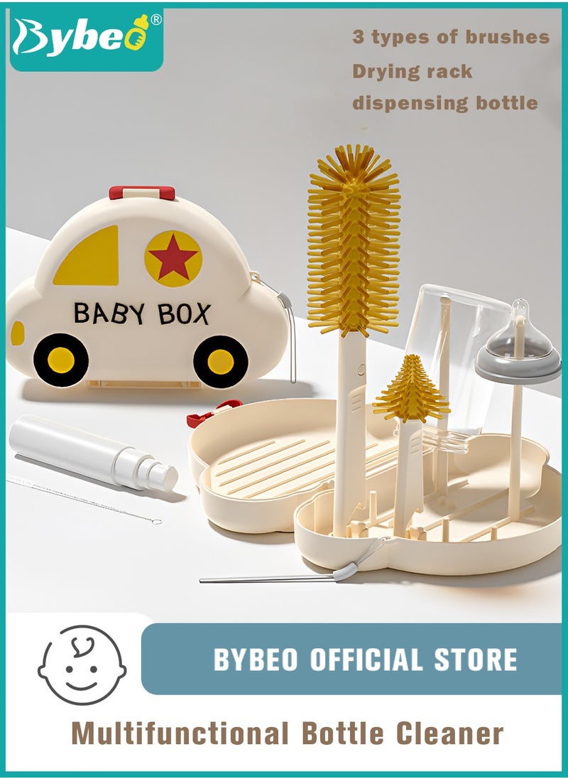 Bybeo 6 in 1 Baby Bottle Cleaning Brush Set, Travel Baby Bottle Brush Cleaner Set with Silicone Bottle Brush x Nipple Brush x Dispenser Bottle x Straw Brush x Drying Rack x Storage Box  - Image 1