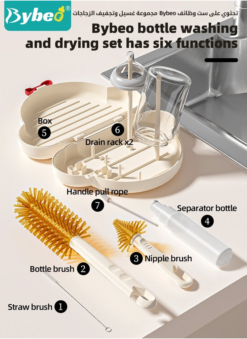 Bybeo 6 in 1 Baby Bottle Cleaning Brush Set, Travel Baby Bottle Brush Cleaner Set with Silicone Bottle Brush x Nipple Brush x Dispenser Bottle x Straw Brush x Drying Rack x Storage Box  - Image 3