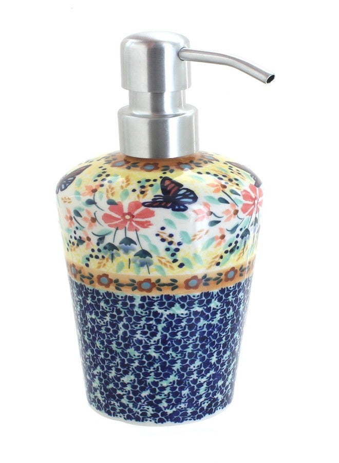 Blue Rose Pottery Blue Rose Polish Pottery - Yellow Blue Butterfly Soap Dispenser - 6.75" Tall - Hand-Painted Polish Pottery Ceramic Bathroom Accessory - Image 1