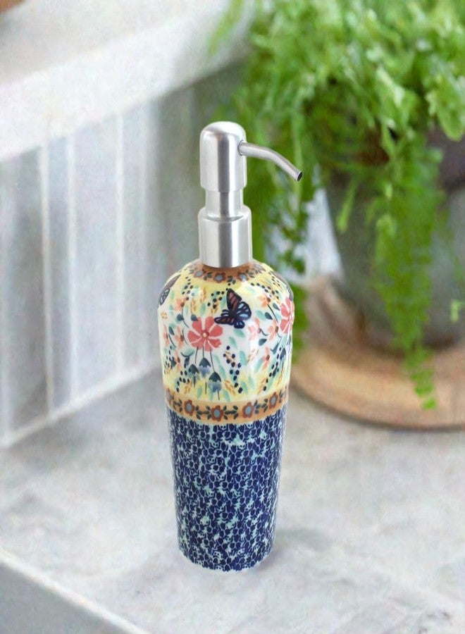 Blue Rose Pottery Blue Rose Polish Pottery - Yellow Blue Butterfly Soap Dispenser - 6.75" Tall - Hand-Painted Polish Pottery Ceramic Bathroom Accessory - Image 2