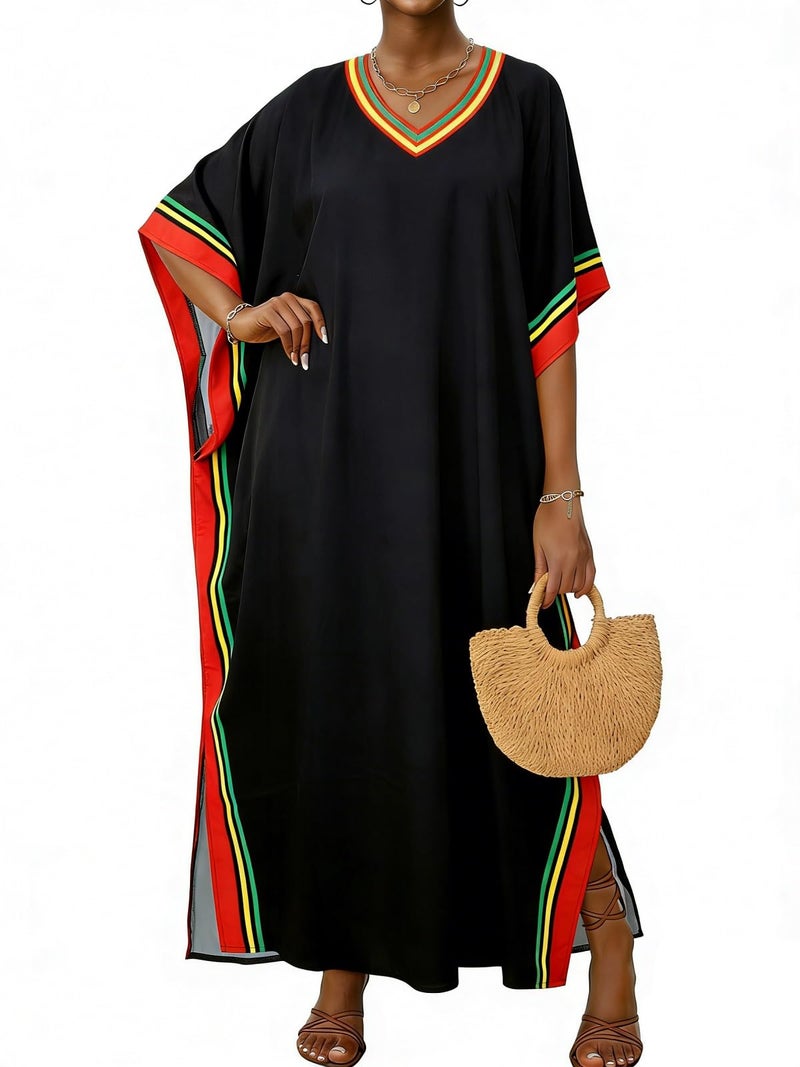 JILUVIN Kaftan Dresses for Women Plus Size V Neck Caftan Long Batwing Sleeve Swimsuit Cover Up Beach Swimwear 2026 (Black Stripe Trim,One Size) - Image 3