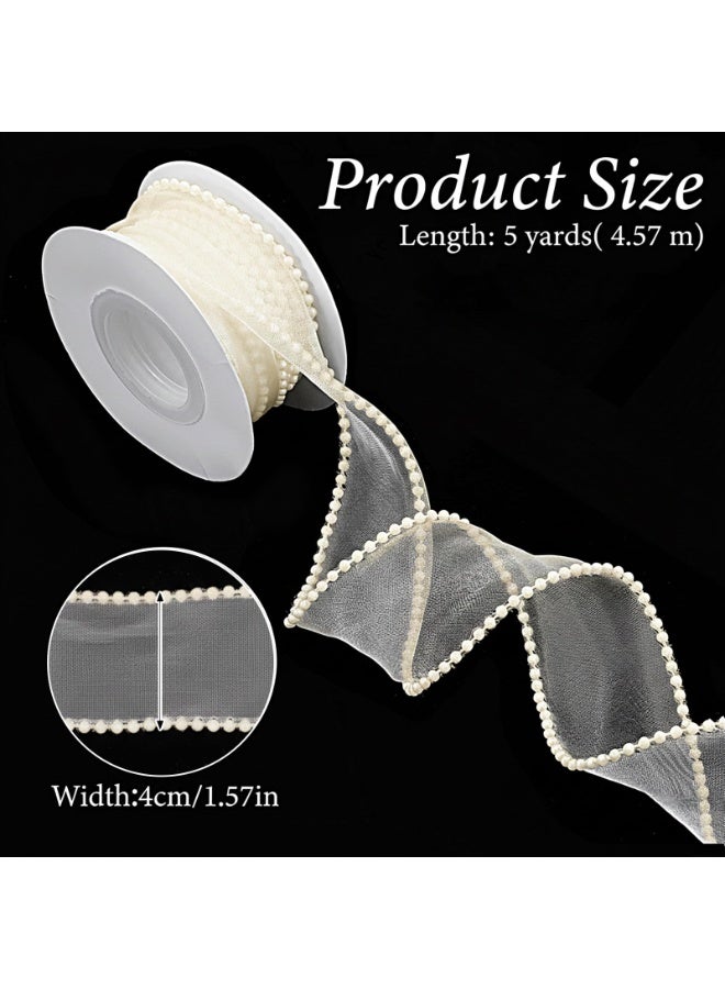1.5 Inch Wire Edged Faux Pearl Cream White Sheer Mesh Ribbon 5 Yard For Gift Wrapping Wedding Bouquet Craft Bow Decorations - Image 5